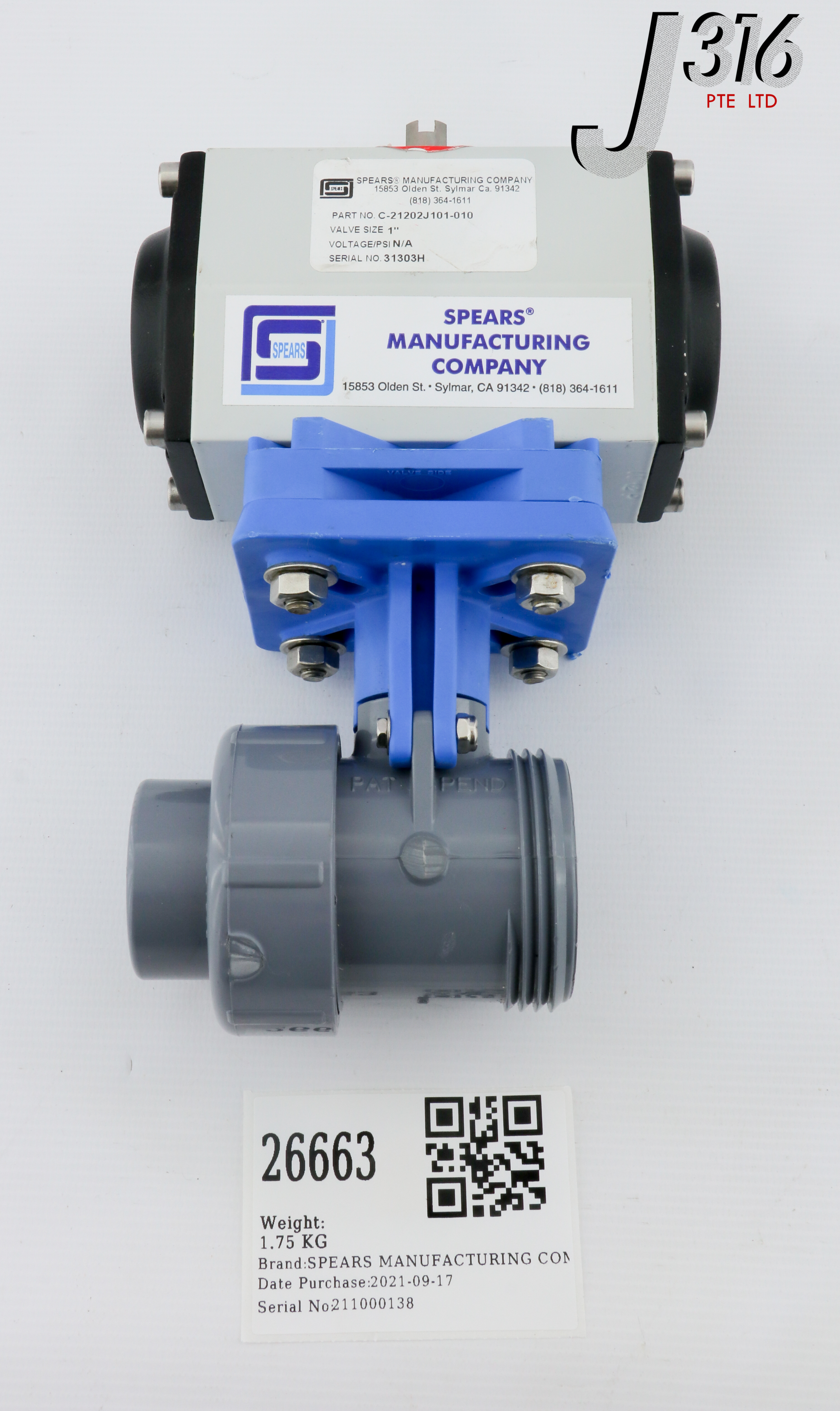 N. 26663 SPEARS PNEUMATIC ACTUATED BALL VALVE, 21202J101-010 C